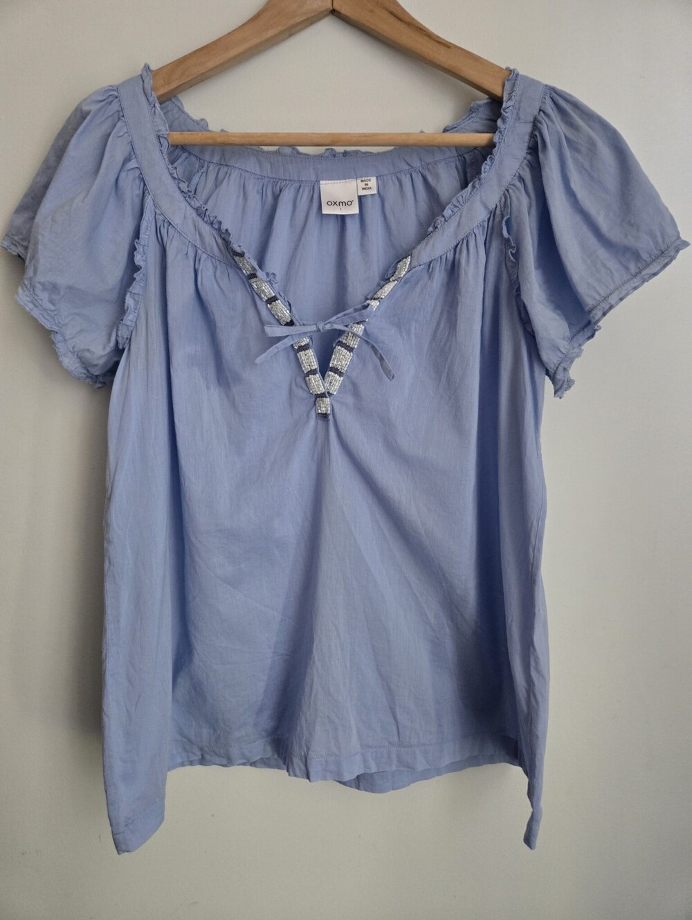OXMO Light Blue Peasant Blouse - Lightweight Cotton Short Sleeve Top